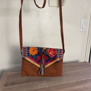Brown Suede Crossbody with Colorful Embroidered Flap